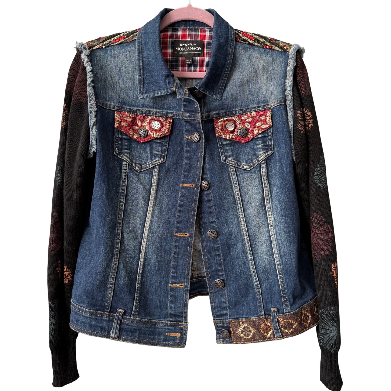 Montanaco Embroidered Denim Jacket With Knit Sleeves Boho Size Medium
